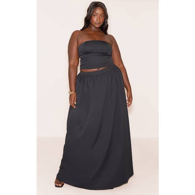 Plus Black Woven Band Detail Pleated Maxi Skirt, Black - 26