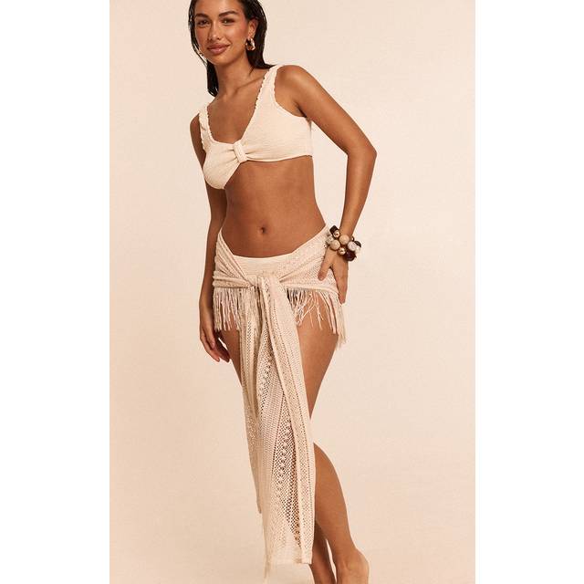 Cream Crochet Pearl Tassel Trim Beach Sarong, White