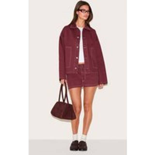 Burgundy Contrast Stitch Denim Mini Skirt, Red - 16