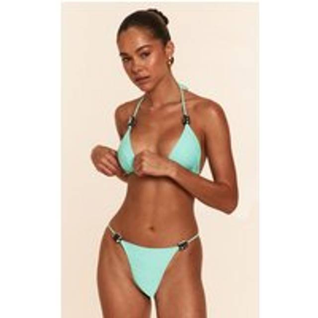 Aqua Blue Bead Trim Tanga Bikini Bottoms, Blue - 10