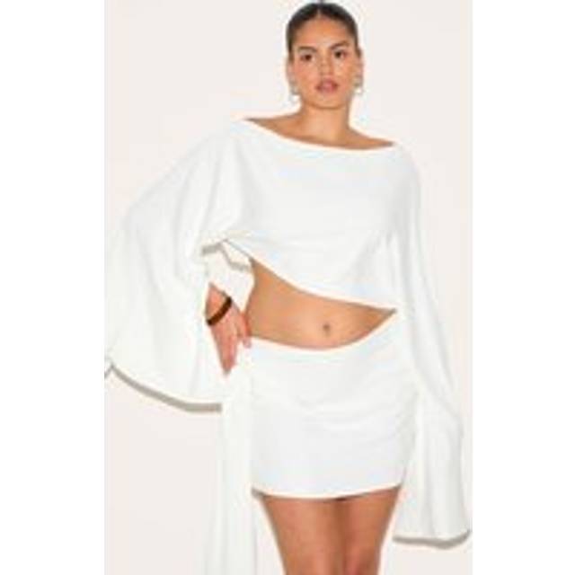 Plus Cream Floaty Woven Slash Neck Long Sleeve Top, White - 30