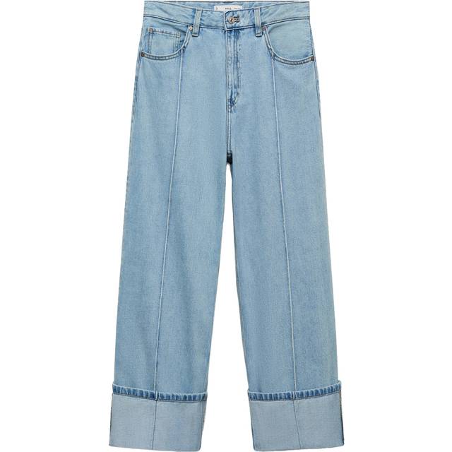 Wide leg cropped jeans with turned-up hem medium blue - Woman - 14 - MANGO - Medium Blue