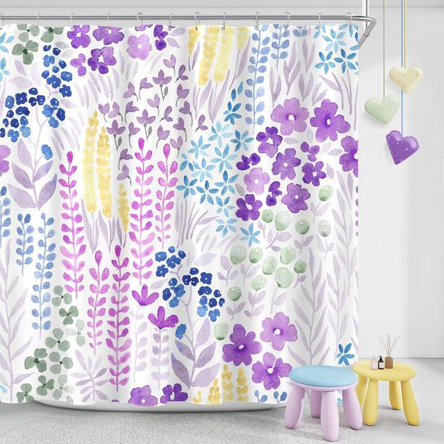 Purple 72"W x 84"L Wildflower Boho Cottagecore Fabric Shower Curtain Set with Hooks (182.88cm H x 91.44cm W)