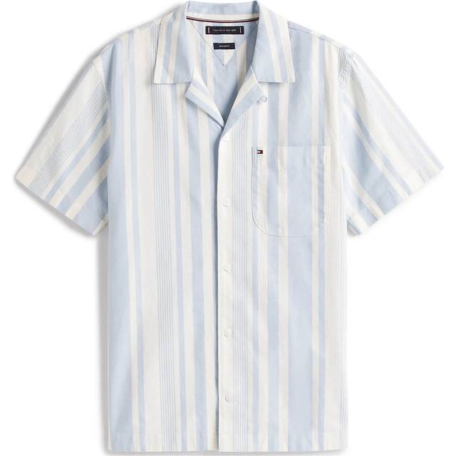 Tommy Hilfiger Cotton Regular Fit Stripe Camp Collar Shirt, Breezy Blue/Ivory