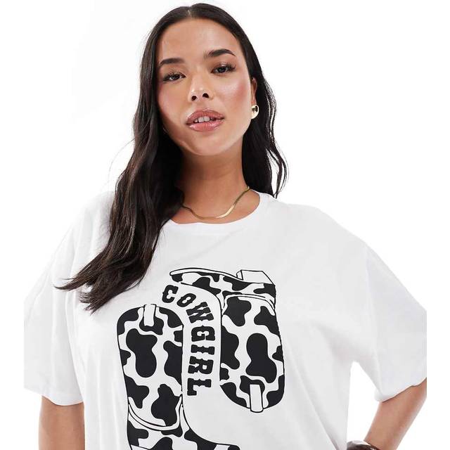 Pieces Curve – Vit t-shirt i oversize med Cowgirl-tryck-Vit/a
