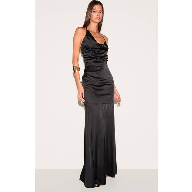 Black Satin Asymetric Drape Maxi Dress, Black - 16