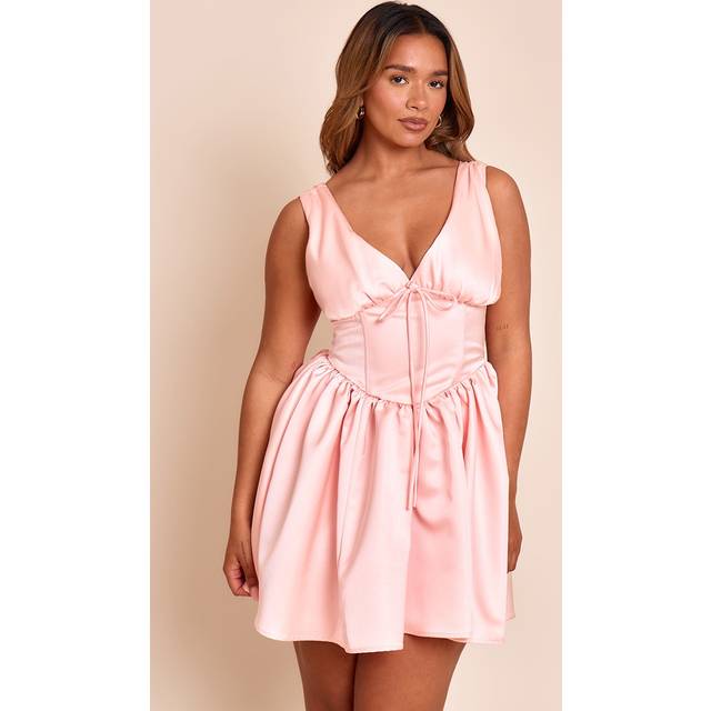 Shape Pink Satin Plunge Front Cinched Waist Skater Mini Dress, Pink - 6