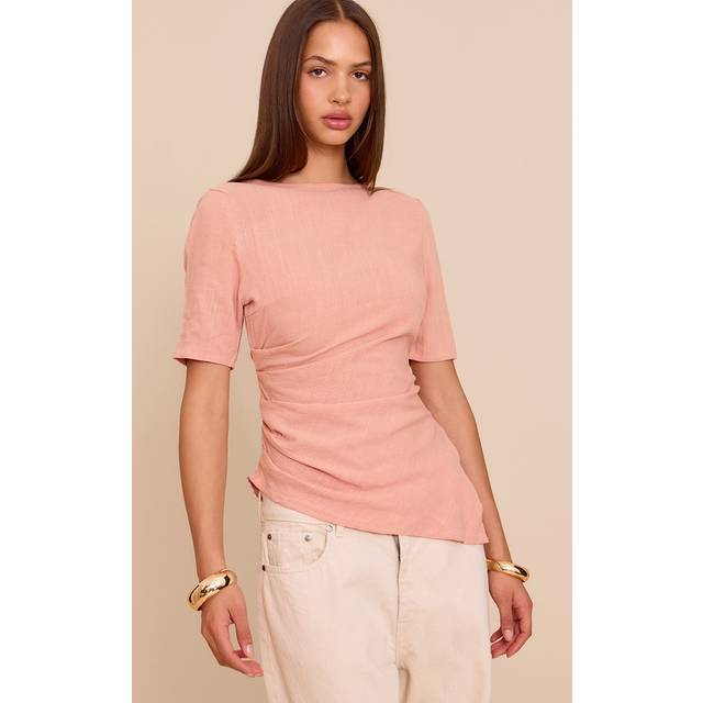 Peach Linen Look Ruched Side Detail T Shirt, Orange - 8