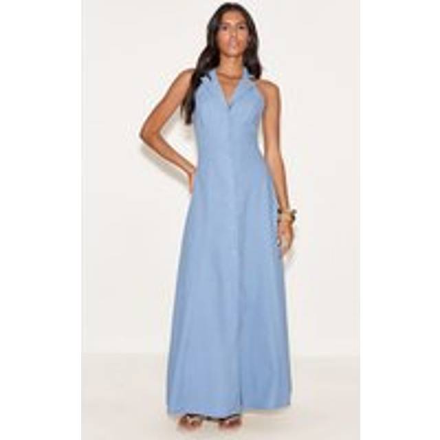 Light Blue Button Down Collar Detail Maxi Dress, Light Blue - 4