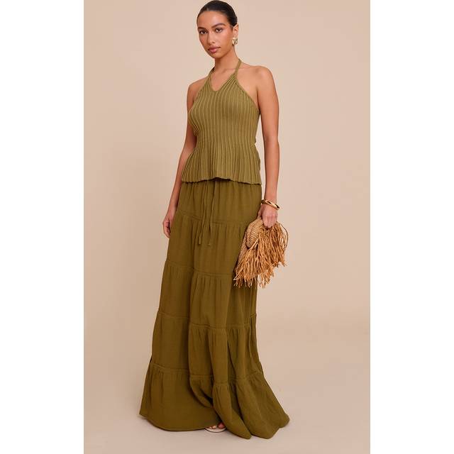 Olive Cotton Tiered Drawstring Waist Maxi Skirt, Green - 16