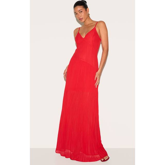 Red Woven Pleated Hem Detail Spaghetti Maxi Dress, Red - 10