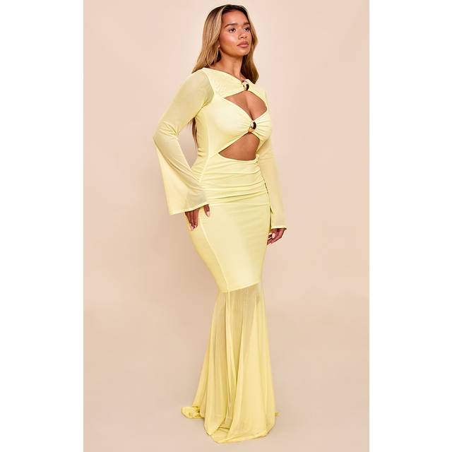 Shape Butter Yellow Mesh Gold Trim Cut Out Dropped Hem Maxi Dress, Butter Yellow - 6