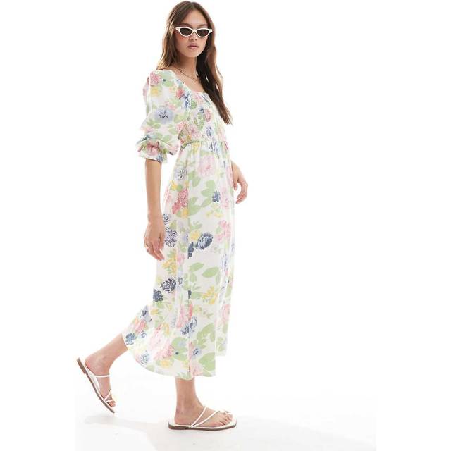 New Look Women's Cream Floral Print Shirred Midi Dress - UK 8