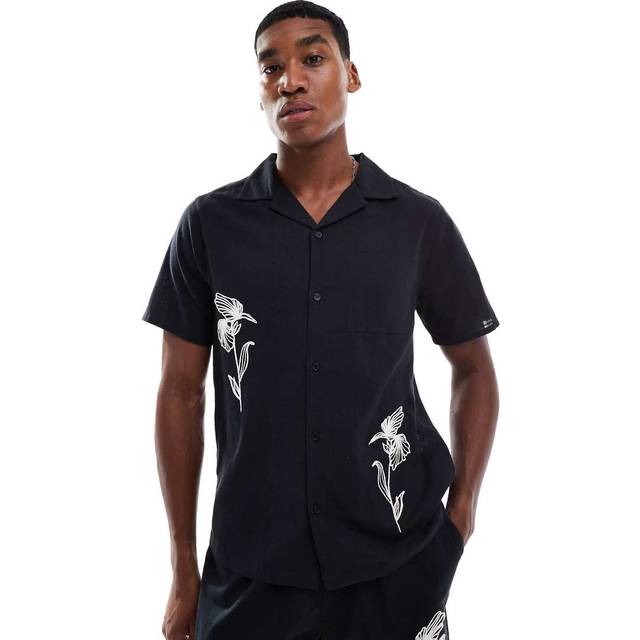 New Look Men's Black Regular Floral Embroidered Short Sleeve Shirt - S