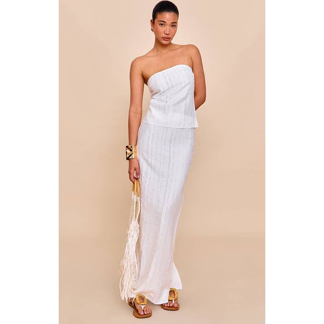 White Textured Frayed Mid Rise Maxi Skirt, White - 12