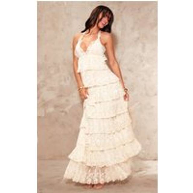 Cream Premium Lace Tiered Ruffle Frill Halterneck Maxi Dress, White - 16