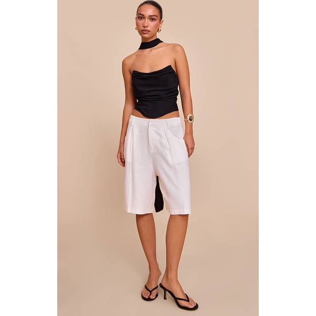 White Linen Tailored Long Shorts, White - 10