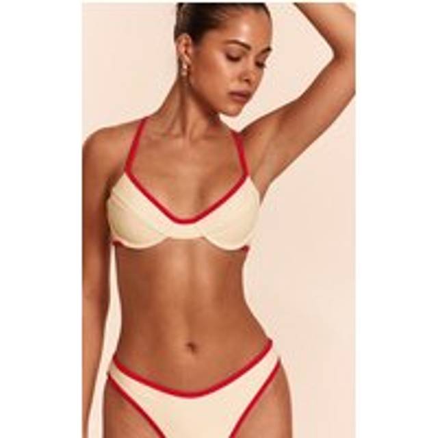 Cream Contrast Red Binding Underwired Bikini Top, White - 6