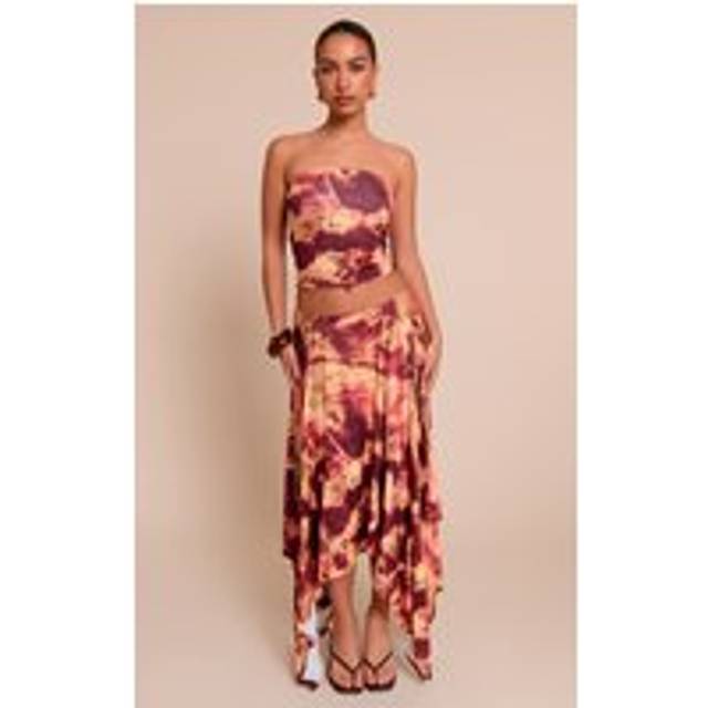 Deep Red Abstract Print Slinky Asymmetrical Hem Maxi Skirt, Deep Red - 16