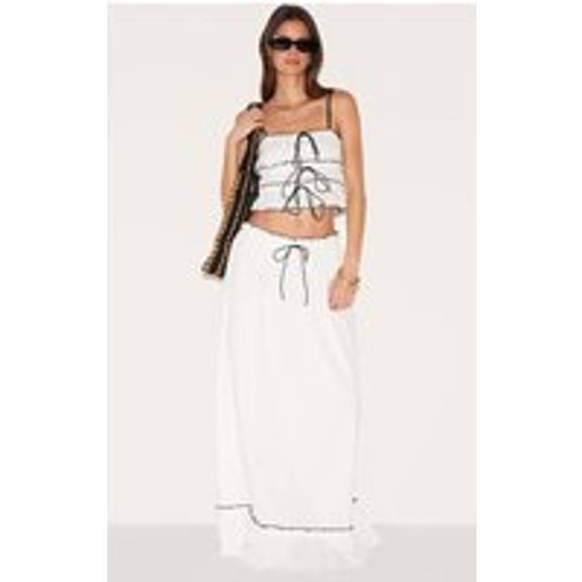 White Cheesecloth Contrast Maxi Skirt, White - 6