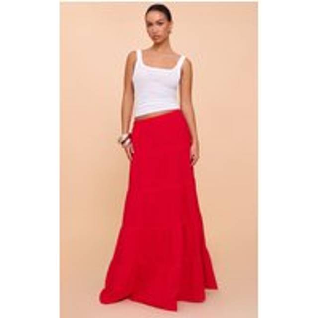 Tomato Red Cotton Tiered Drawstring Waist Maxi Skirt, Tomato Red - 12