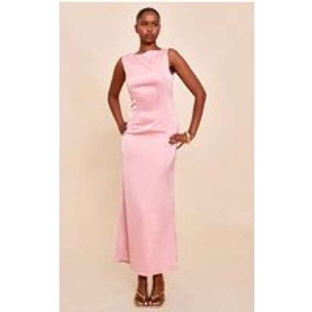 Blush Bridesmaid Satin Boat Neck Maxi Dress, Pink - 6