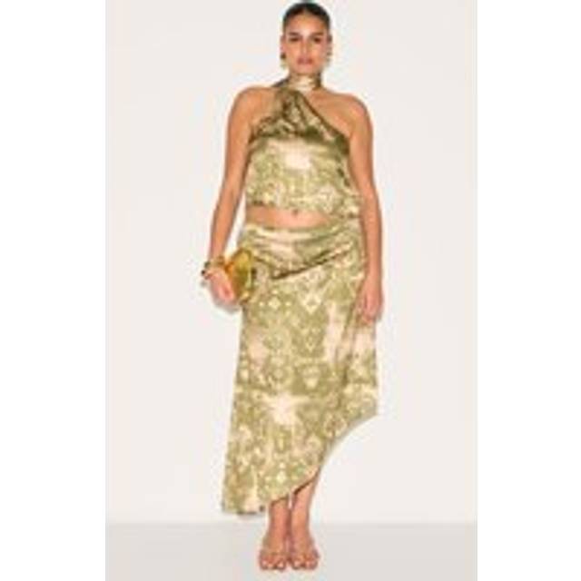Plus Khaki Printed Satin Asymmetric Midi Skirt, Green - 26