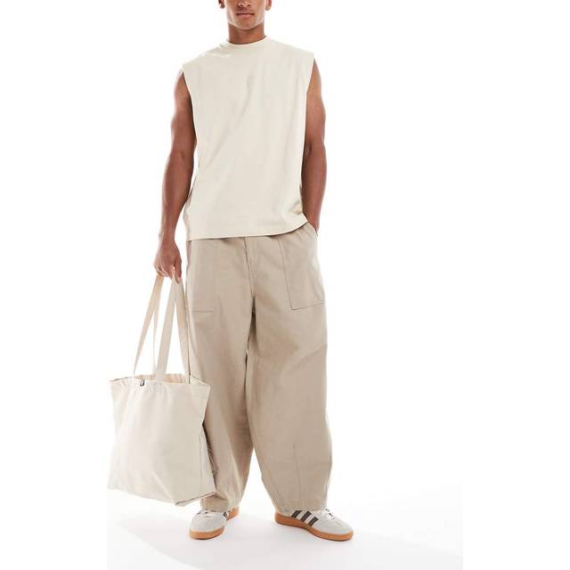 Cotton On – Sandfärgade, baggy linnebyxor med ballongben-Vit/a