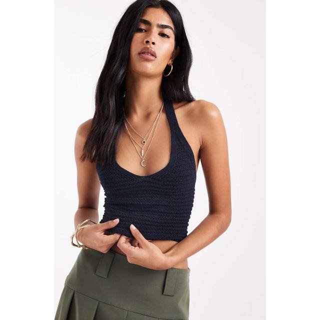 Stradivarius – Marinblå, stickad crop top med halterneck