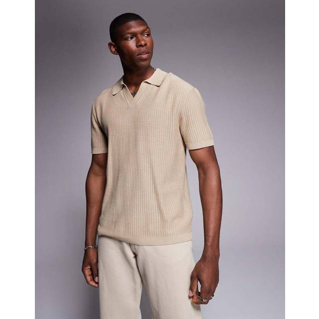 Mens River Island Beige Short Sleeve Open Collar Polo Shirt