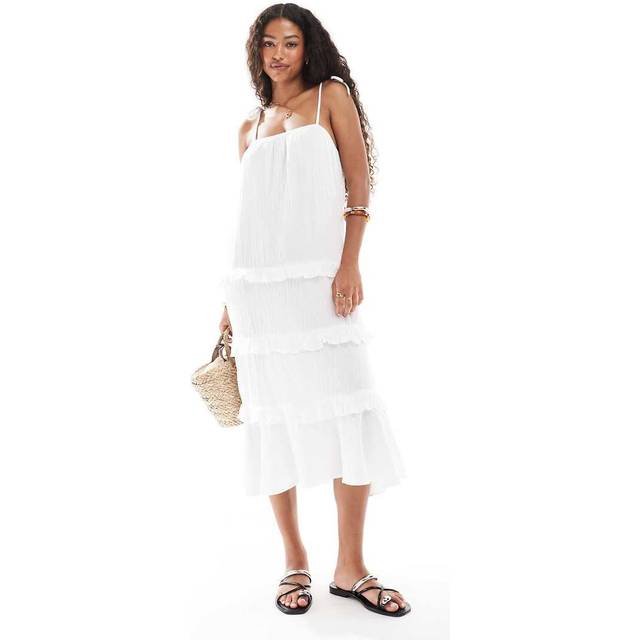 New Look Women's Plus Size White Crinkled Frilly Trim Midi Dress Curves - UK 18
