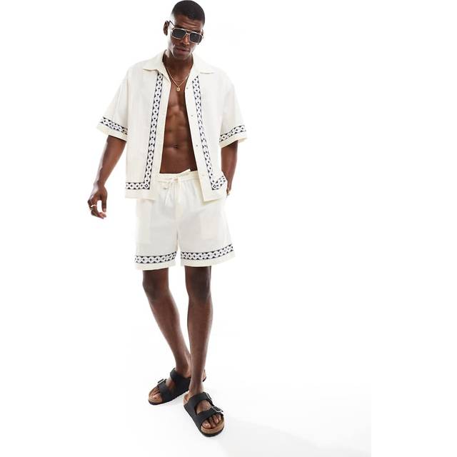 Jack & Jones – Krämvita, mönstrade shorts i linnemix, del av set-Vit/a