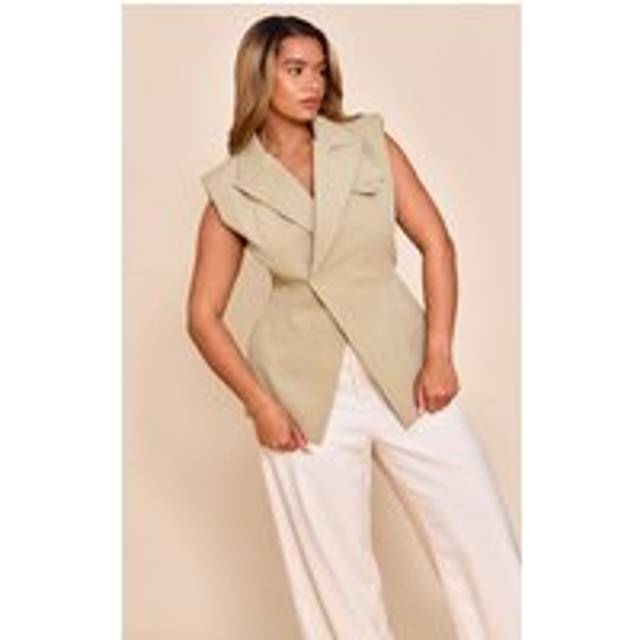 Shape Olive Tailored Asymmetric Cross Over Sleeveless Adjustable Waist Blazer, Green - 6