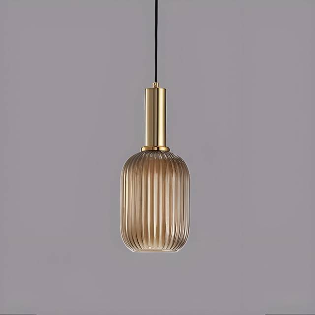 Ribbed Glass Pendant Light – Clear Brass Lantern Shade E27 Bulb Ceiling Fixture - Gold