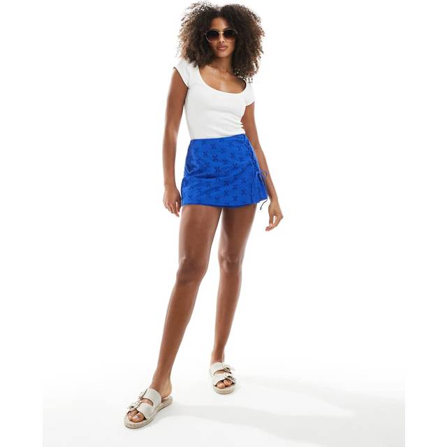 New Look Women's Bright Blue Floral Embroidered Tie Up Trim Skort - UK 12