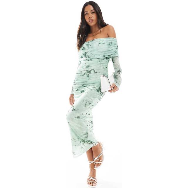 New Look Women's Green Floral Print Mesh Bardot Midi Dress - UK 10