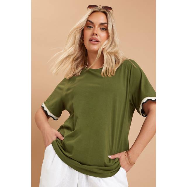 Yours Curve Khaki Green Metallic Crochet Trim Tshirt, Women's Curve & Plus Size, Yours - 14