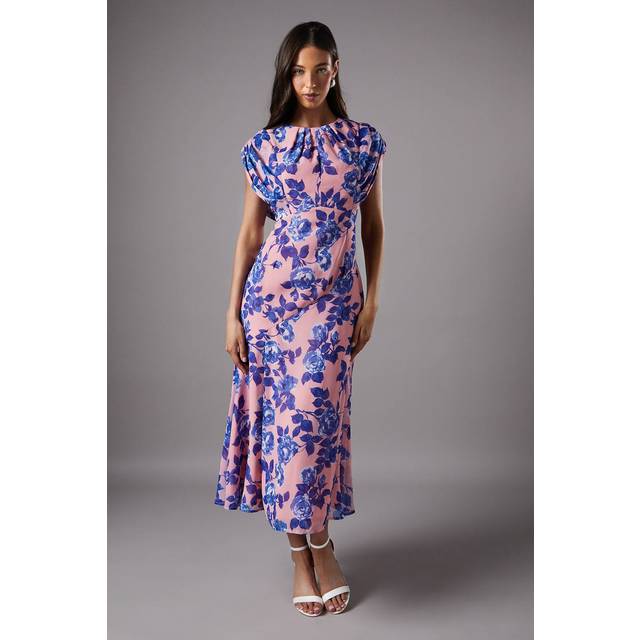 Cap Sleeve Floral Chiffon Midi Dress - Nude - 14