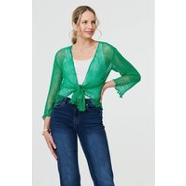 Sheer 3/4 Sleeve Open Front Cardigan - Dark Green - One Size