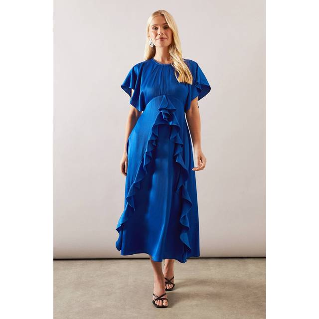 Womens Petite Occasion Satin Ruffle Maxi Dress - Blue - 14