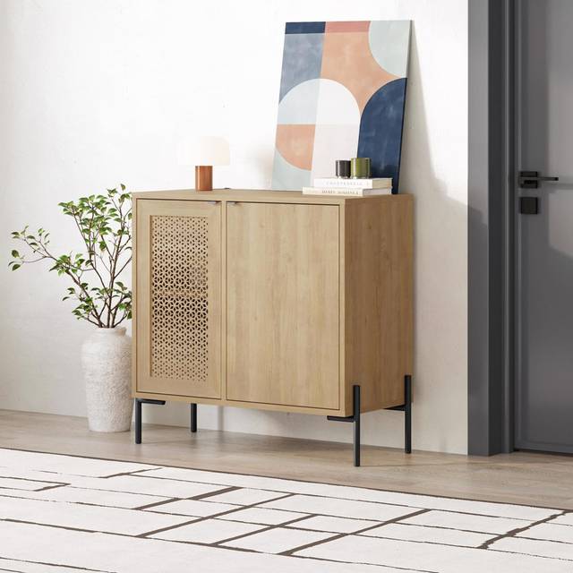 Naive 2 Door Sideboard Buffet Unit Sapphire Oak with Black Metal Frame - Brown (80cm H X 80cm W X 40cm D)