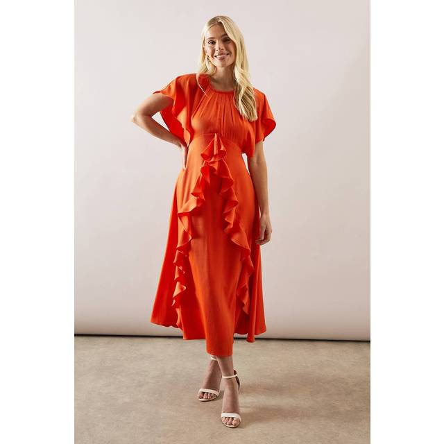 Womens Petite Occasion Satin Ruffle Maxi Dress - Orange - 18