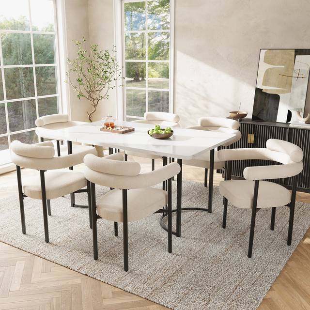 Modern Marble Dining Table & Velvet Armchair Set – 140Cm Table + 4 Luxe Fabric Chairs - White (6)