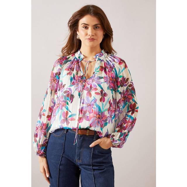 Womens Printed Burn Out Tie Neck Blouse - Ivory - 14