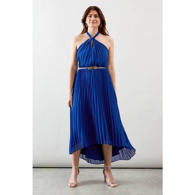 Womens Pleated Halterneck Chiffon Midi Dress - Cobalt - 14