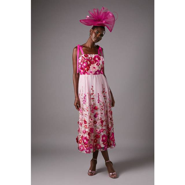Embroidered Floral Mesh Midi Wedding Guest Dress - Pink - 8