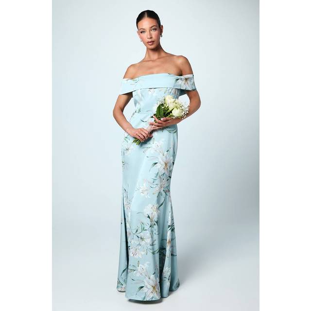 Printed Bardot Satin Bridesmaid Dress - Sage - 10