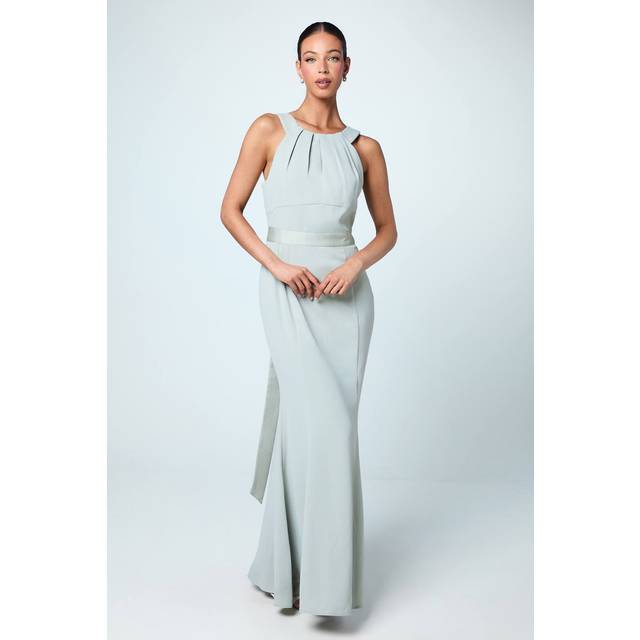 Halter Neck Satin Bridesmaid Dress with Tie Back Detail - Sage - 18