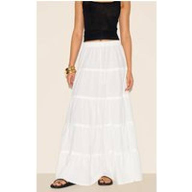 White Cotton Tiered Drawstring Waist Maxi Skirt, White - 4
