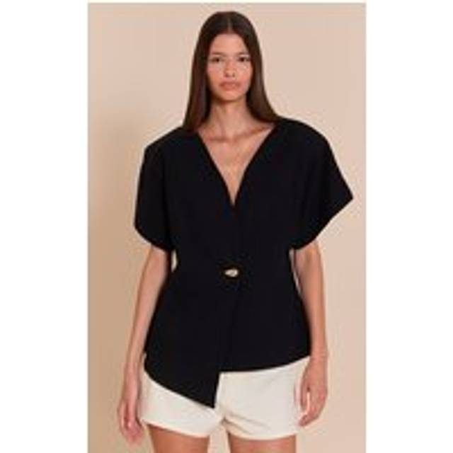 Black Short Sleeve Round Neck Blazer, Black - 14